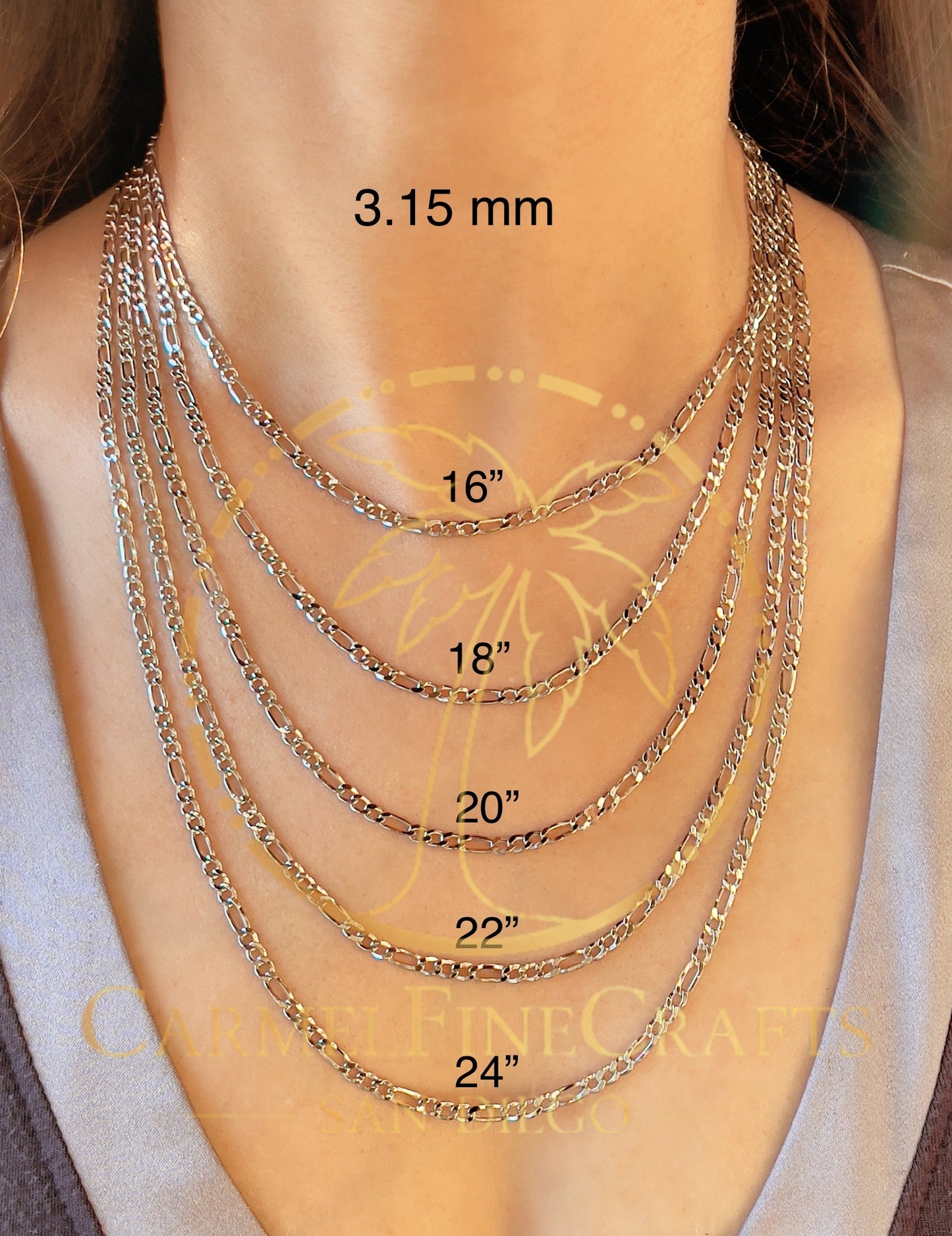 14K White Gold Figaro Link Chain Diamond Cut Necklace