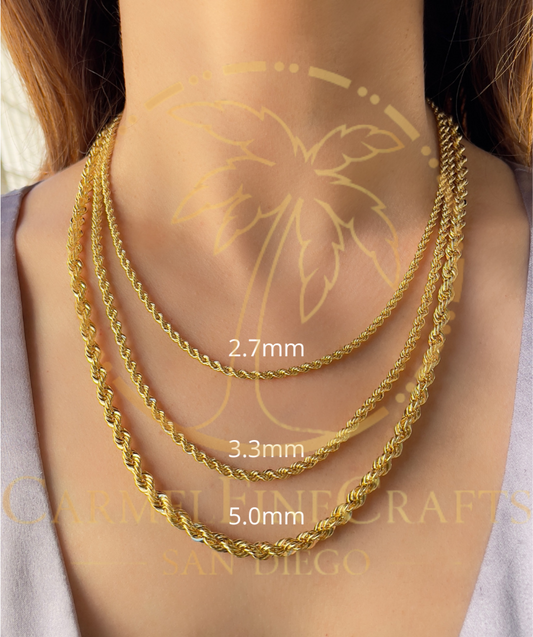 14K Yellow Gold Hollow Laser Rope Chain Diamond Cut Necklace