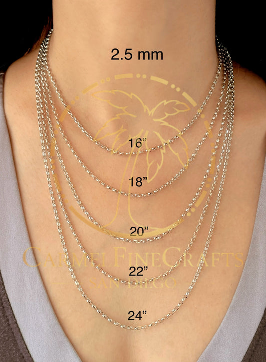 14K White Gold Rolo Link Chain Diamond Cut Necklace