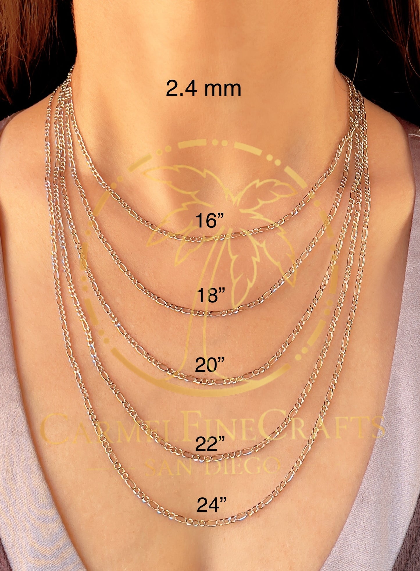 14K White Gold Figaro Link Chain Diamond Cut Necklace