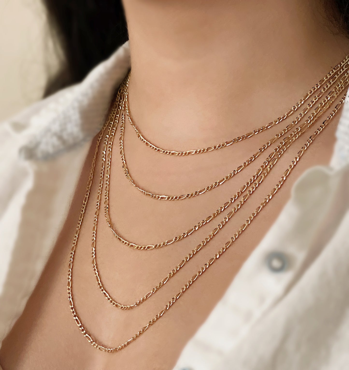 14K Gold Figaro Link Chain Diamond Cut Necklace