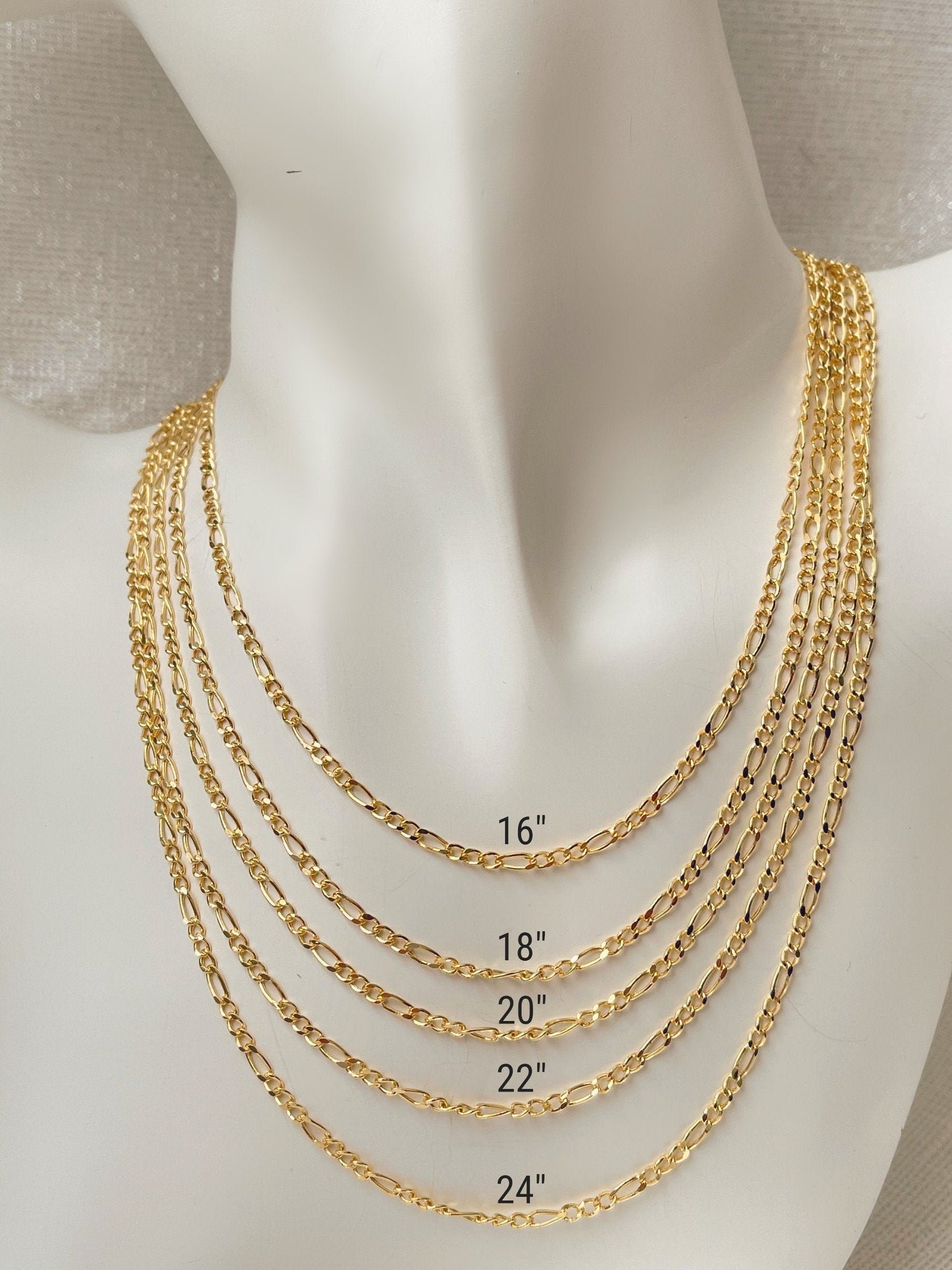 14K Gold Figaro Link Chain Diamond Cut Necklace